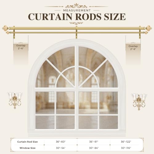 Gold Double Curtain Rod 36-91 Inch with Crystal Finials - Ornate European Style