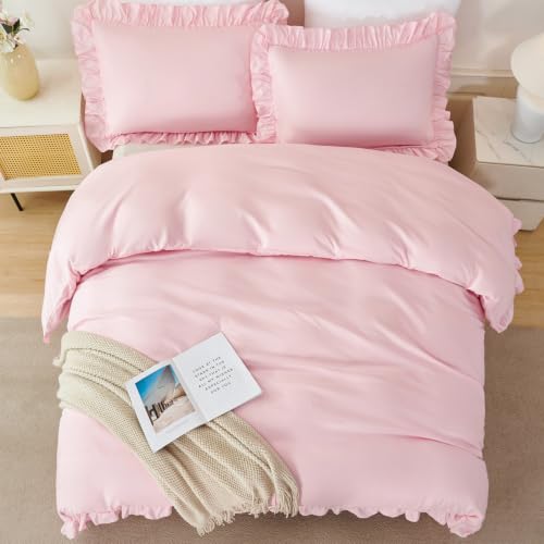 Pink Ruffle Twin Duvet Cover Set for Girls - Soft Polyester Bedding