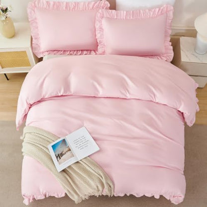 Pink Ruffle Twin Duvet Cover Set for Girls - Soft Polyester Bedding