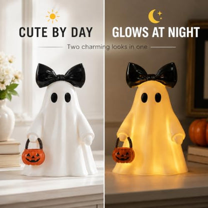 Large Lighted Ghost Figurine with Pumpkin Lantern & Remote Timer - White, 14 Inch - Variation: Ghost with Pumpkin-White