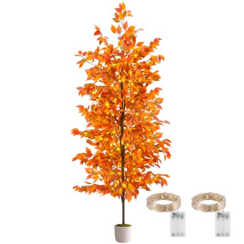 7.7ft Artificial Ficus Tree with String Lights & Woven Basket for Indoor Decor