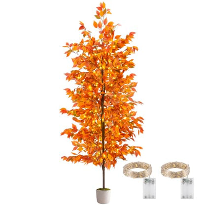 7.7ft Artificial Ficus Tree with String Lights & Woven Basket for Indoor Decor