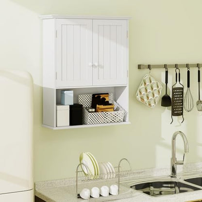 White Bathroom Wall Cabinet with Adjustable Shelf & 2 Doors - Modern Storage