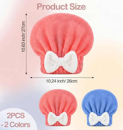 2 Pack Coral Velvet Hair Drying Caps with Bow Knot - Soft & Adjustable