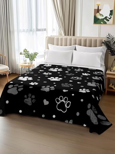 Twin Flat Sheet with Paw Print Print - Black Microfiber Bedding for All Seasons - LooPoP