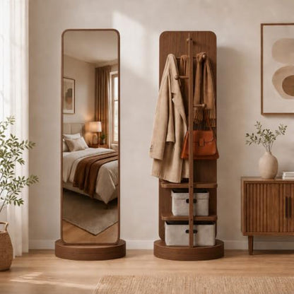Walnut 360 Rotating Floor Mirror with Coat Rack - 2 Pieces