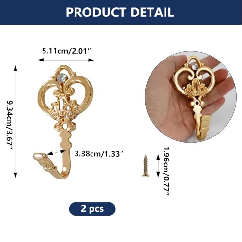 Gold Crown Curtain Holdbacks 2 Pack - Heavy Duty Metal Wall Hooks for Drapes, Coats, Hats & Towels, Rustic Decor