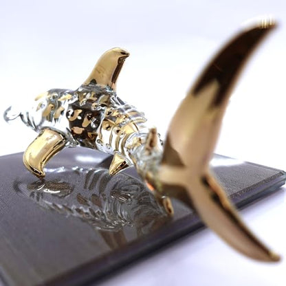 Whale Shark Miniature Glass Figurine - Hand Blown Sea Animal Decor, 5.5 Inches, Clear Gold