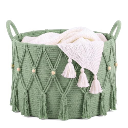Leinuosen Sage Green Boho Blanket Basket 20 x 13 Inch Storage Organizer