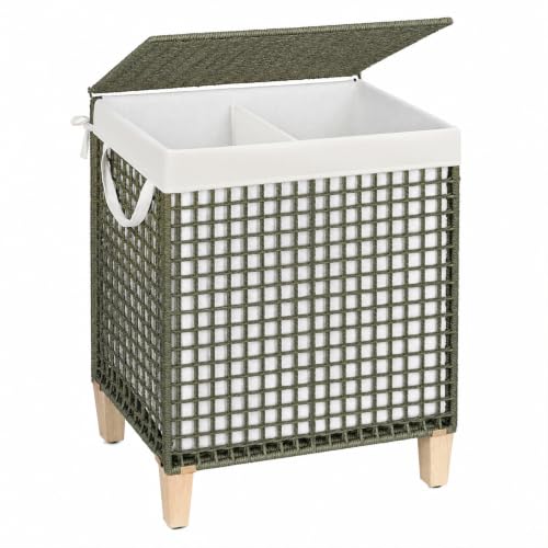 Double Laundry Hamper with Lid and Wood Feet, 120L Handwoven Basket