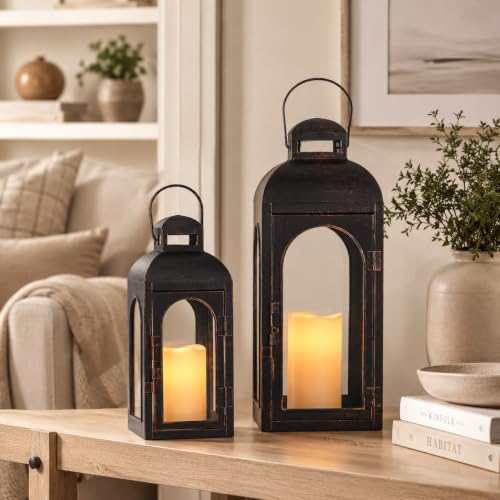 NEEDOMO Decorative Indoor & Outdoor Lanterns Set of 2 - 20"/13"H Metal Frame Candle Holders with Glass for Porch, Spring, Fall, Christmas
