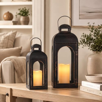 NEEDOMO Decorative Indoor & Outdoor Lanterns Set of 2 - 20"/13"H Metal Frame Candle Holders with Glass for Porch, Spring, Fall, Christmas