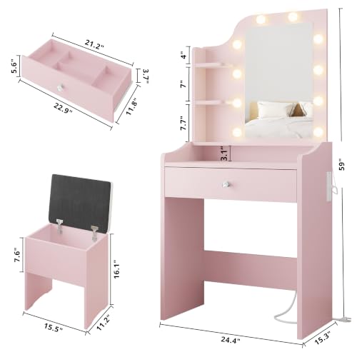 Vanity Desk with Mirror Lights & Storage Stool - Pink (Variation of THIS listing: Pink)