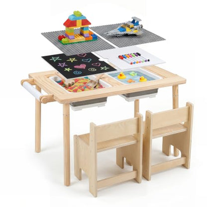 HONEY JOY 3-Piece Sensory Table and Chair Set for Kids with Adjustable Height, Dual Sided Top, Bins & Art Accessories