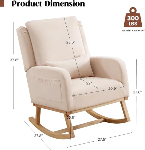 Nursery Glider Rocking Chair with Lumbar Pillow Beige - Modern Upholstered Nursery Chair for Bedroom & Living Room