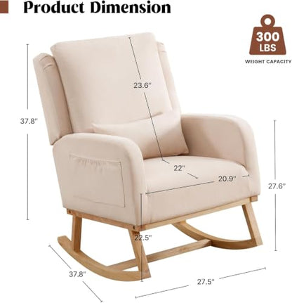 Nursery Glider Rocking Chair with Lumbar Pillow Beige - Modern Upholstered Nursery Chair for Bedroom & Living Room