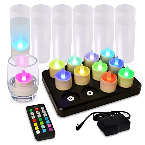 Rechargeable RGB Flameless Candles with Remote & Charging Station - Waterproof Outdoor Tea Lights, 12pcs
