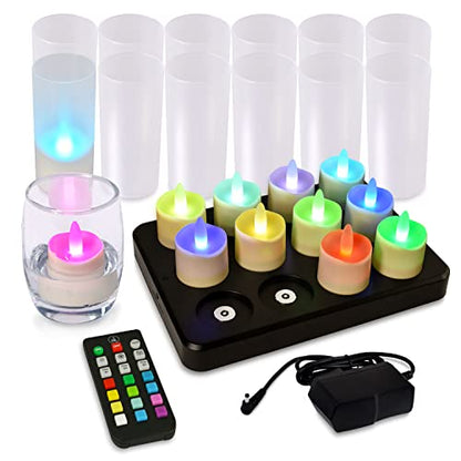 Rechargeable RGB Flameless Candles with Remote & Charging Station - Waterproof Outdoor Tea Lights, 12pcs