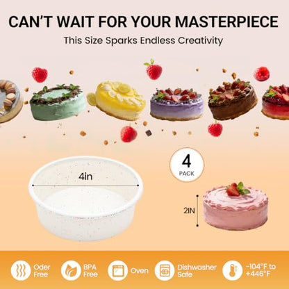 Mini Cake Pans 4 Inch Silicone with Metal Reinforced Frame 4 Pack Cream
