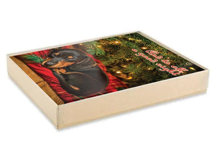 Dachshund Christmas Card Set - 12 Holiday Greeting Cards with Envelopes - Sleepy Dog Design - Boxed Pack of 12
