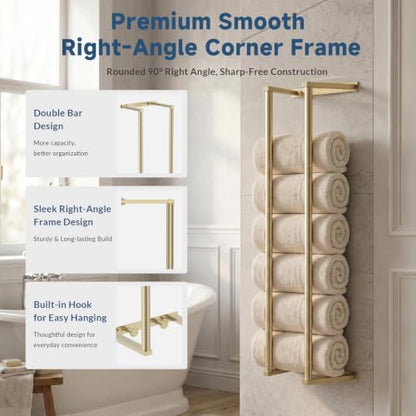 28-Inch Wall-Mounted Towel Rack with Hooks - Brushed Gold Finish