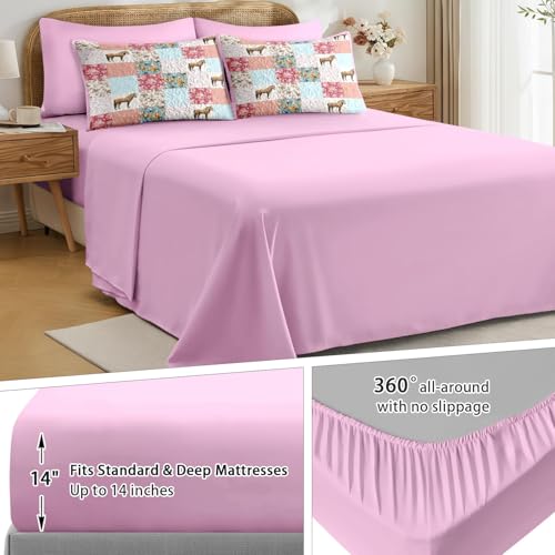 Queen Quilt Set with Horse Floral Pattern - 7 Pieces Pink Bedding