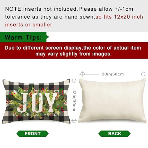 Christmas Pillow Covers 12x20 Black and Beige Buffalo Plaid Joy Wreath Outdoor Lumbar Set