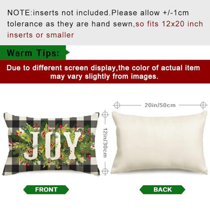 Christmas Pillow Covers 12x20 Black and Beige Buffalo Plaid Joy Wreath Outdoor Lumbar Set