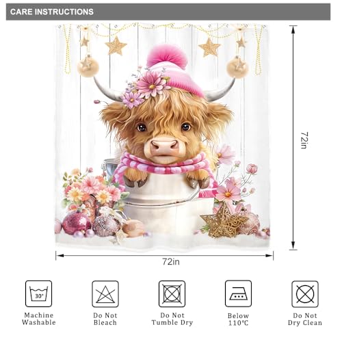 Christmas Highland Cow Shower Curtain Set Pink 72x72 Inches with Hooks - Merry Xmas Farmhouse Bathroom Decor