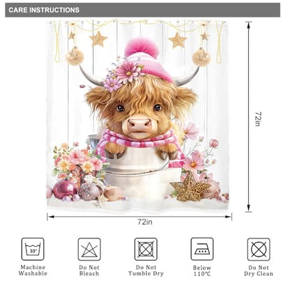 Christmas Highland Cow Shower Curtain Set Pink 72x72 Inches with Hooks - Merry Xmas Farmhouse Bathroom Decor