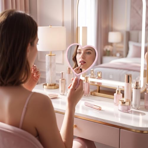 Pink Heart Handheld Mirror with Rhinestones - Compact Makeup & Gift