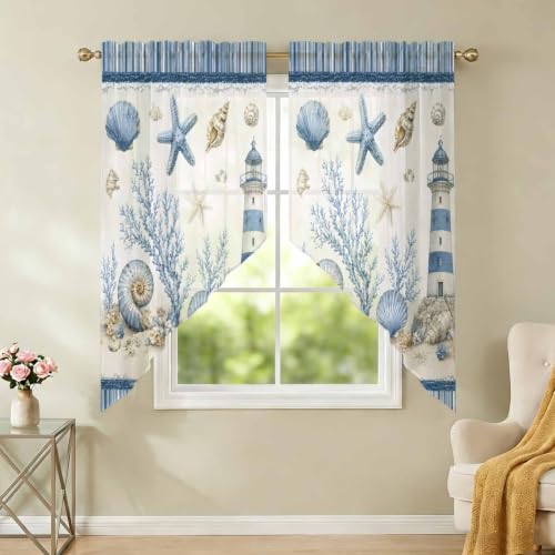 Coastal Blue Nautical Sheer Curtains Set 36x45 Inches with 2 Panels - Lighthouse & Conch Coral Design