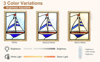 Tiffany Style Nautical Sailboat Photo Frame Lamp Night Light - Blue Sea Design, USB Powered, 3 Lighting Modes, Dimming