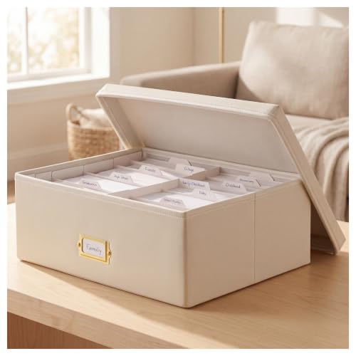 INMAKER Ivory White PU Leather 4x6 Photo Storage Box - Elegant Organizer
