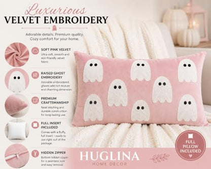 Halloween Pink Velvet Lumbar Throw Pillow with Ghost Embroidery 12x20"