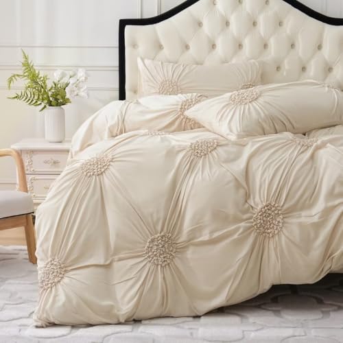 Full Size Beige Ruched Flower Duvet Set 3-Piece Boho Bedding - Beige / Full