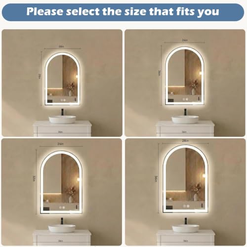 White Arched LED Bathroom Mirror with Lights - 24.1 x 32.1 Inches, Dimmable & Defogging