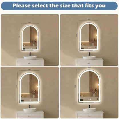 White Arched LED Bathroom Mirror with Lights - 24.1 x 32.1 Inches, Dimmable & Defogging