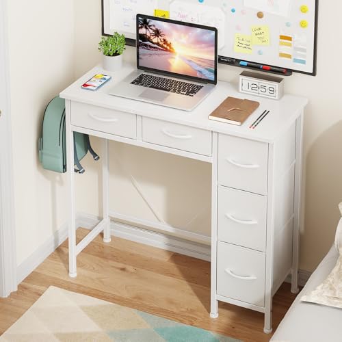 33-Inch Small Computer Desk with 5 Fabric Drawers - White, Compact Workspace