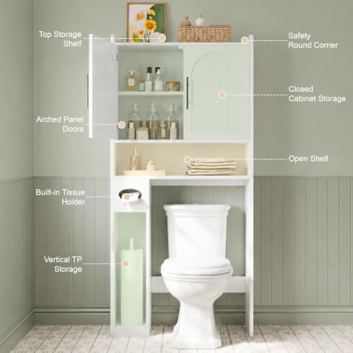 Over Toilet Storage Cabinet with Arched Doors, 34 Inch Wood Bathroom Organizer