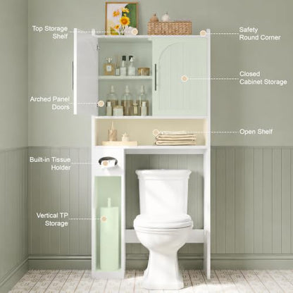 Over Toilet Storage Cabinet with Arched Doors, 34 Inch Wood Bathroom Organizer