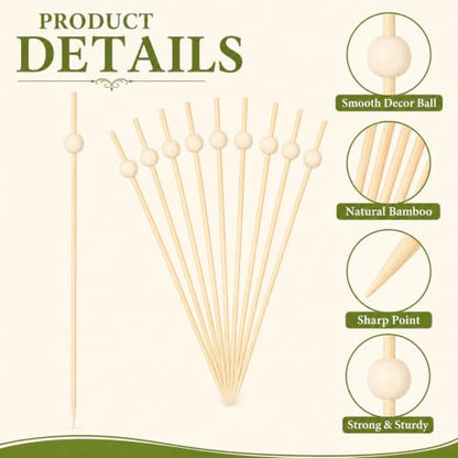 Bamboo Cocktail Picks Set - 100 Fancy Wooden Ball Skewers for Drinks & Appetizers