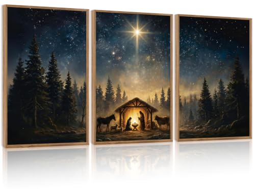 Large Framed Nativity Scene Canvas Wall Art - Christmas Holy Night Decor, 3 Pieces 24x35 Inches - Birth of Jesus Religious Wall Decor for Farmhouse & Church