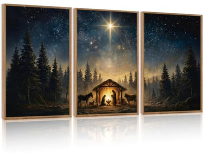 Large Framed Nativity Scene Canvas Wall Art - Christmas Holy Night Decor, 3 Pieces 24x35 Inches - Birth of Jesus Religious Wall Decor for Farmhouse & Church