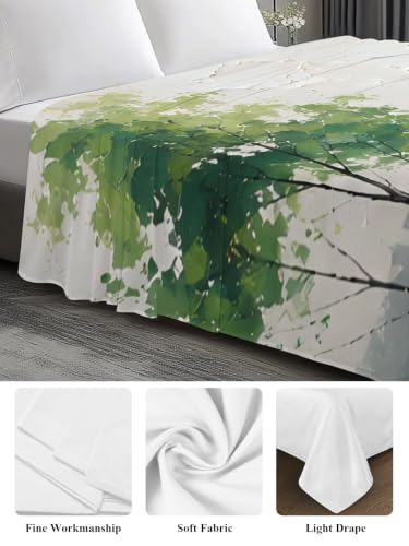 Queen Flat Sheet - Green Forest Tree Mountain Pastoral Landscape Microfiber Bedding, Sage Green, Queen Size
