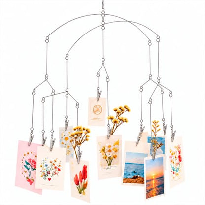 Hanging Photo Mobile with 10 Clips - Silver Rotating Wire Display for Photos