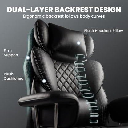 Big and Tall Gaming Chair with Footrest - Black, Reclining, Heavy Duty Support