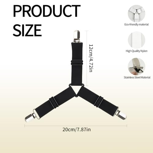 Adjustable Bed Sheet Straps with Triangular Support - White, 12 PCS