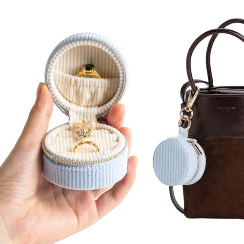 Blue Ring Box & Jewelry Organizer with Keychain - Mini Velvet Travel Case