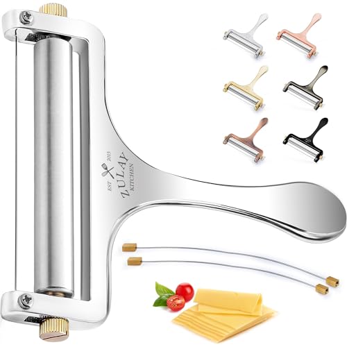 Zulay Kitchen Stainless Steel Wire Cheese Slicer - Adjustable Hand Held Cheese Cutter with 2 Extra Wires - Premium Cheese Shaver for Mozzarella, Cheddar, Gruyere - Cheese Cutter with Wire (Silver)